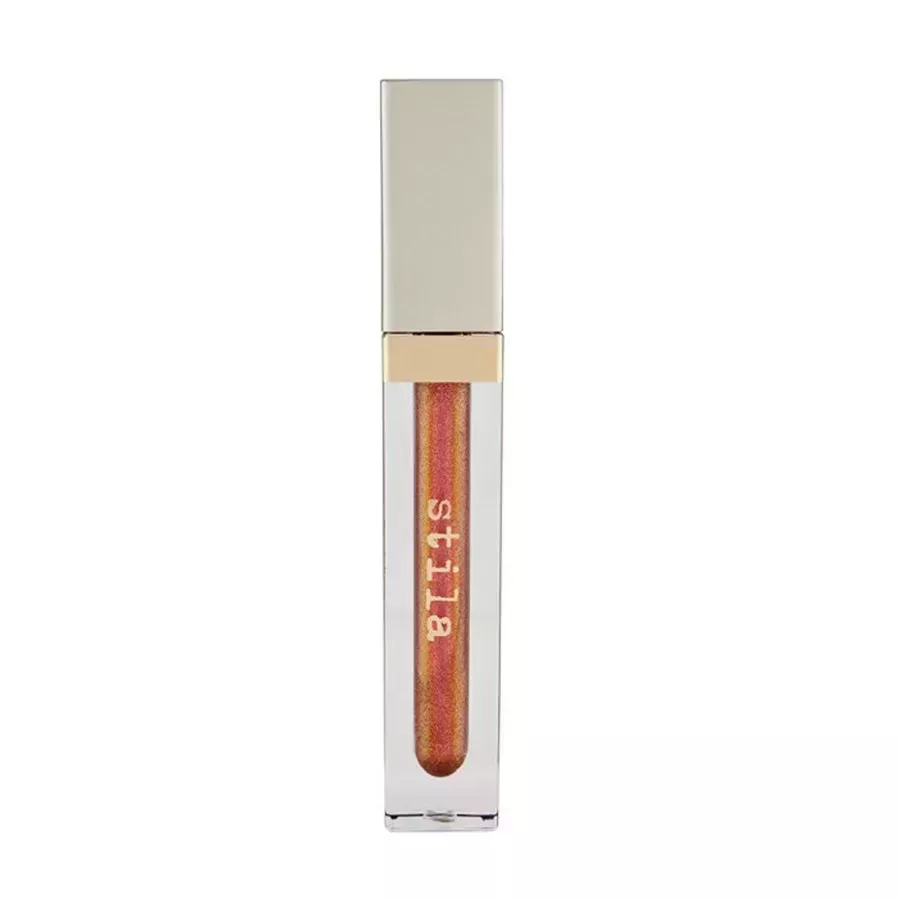 Stila Beauty Boss Lip Gloss in Elevator Pitch transparent tube of sparkly orange bronze lip gloss with square gold cap on white background