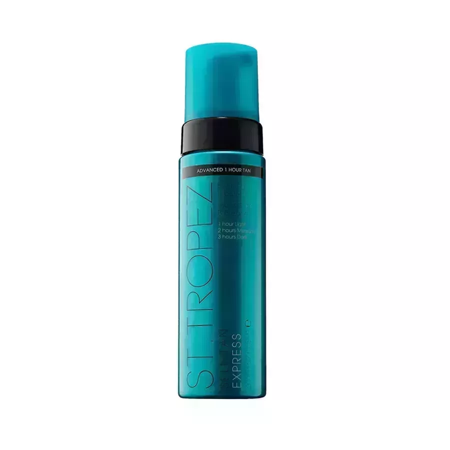 St. Tropez Self Tan Express Bronzing Mousse teal and black bottle on white background